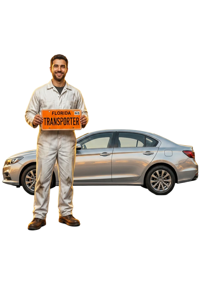 Florida transporter plate holder with a vehicle ready to move from auction — apply for your transporter plate at Auto Tags & Title Central